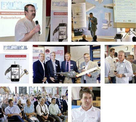 Volles Haus und Klempnertainment pur: Walter Eder (Gesamtanzeigenleitung TFV/Gentner Verlag, oben l.) und Andreas Buck (CR-BAUMETALL, oben r.) führen durch die Veranstaltung