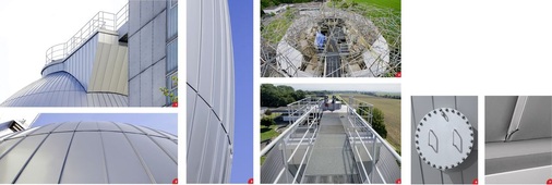 1 Absolut exakte Linienführung: Entlang des Behälters und des oberen Zugangs verlaufen die Falze in Perfektion2 Schnurgerader Horizont: Auch die einfach eingehängten Querfalze... 3 ... sind fluchtgerecht und absolut perfekt ausgebildet4 Ein wuchtiges Baugerüst umhüllt den Faulturm auf der Abwasserreinigungsanlage Staufener Bucht in Grezhausen. Das Gerüst um den eiförmigen Turm herum zu errichten war ein enormer Aufwand ... 5 .. doch es hat sich gelohnt. Die gelungene Generalsanierung des Faulbehälters zeigt dies überzeugend6 Detailstark: Anschluss an eine Revisionsöffnung 7 Klassisch: Der Sockelanschluss mit rundem Falzabschluss