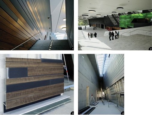 1 Beton, Zink und Holz verleihen dem Innenraum eine sehr elegante Note2 Das Congress Centrum empfängt die Besucher in einem modern gestalteten Foyer3 Materialprobe Innenwandbekleidung 4 Folienbeschichtete VMZ-Paneele während der Montage