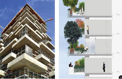 1 Das Gebäude mit seinen Terrassen für den vertikalen Wald ist schon weit fort­geschritten2 Grüne ­Architektur: ­Wohnen im weltweit ersten ­vertikalen Wald ist 100 % ökologisch