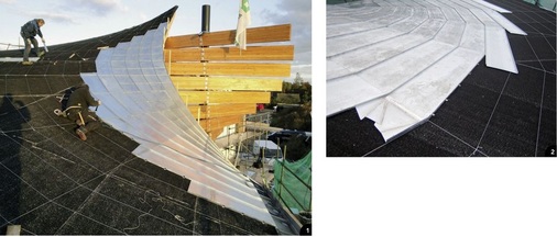 1 Die außergewöhnliche Anordnung der Rheinzink-Scharen erfordert höchste Präzision bei der Einteilung ...2 ... und bei der Montage. Die spezielle Ausbildung der Querfalze sorgt für zusätzliche Sicherheit