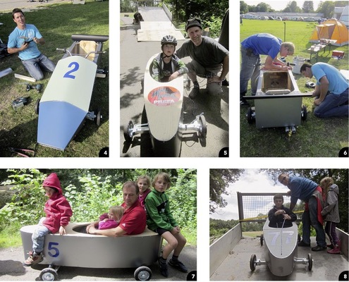 4 Natürlich waren auch fünf echte Klempnermeister dabei – das sieht man ihren Kisten durchaus an
5 Stolze Väteraugen: Hey Papa, du hast ja echt was drauf. Ja mein Sohn und du auch!
6 TÜV-bestanden – Radmuttern bitte alle 50 km nachziehen
7 Ein leidender Vater meinte: „Vor meiner Hochzeit hatte ich fünf Theorien über Kindererziehung – jetzt habe ich fünf Kinder und keine einzige Theorie mehr, aber glücklich sind sie alle
8 Für die Probeabfahrt wird eine Rampe erstellt – schließlich braucht man ja eine Teststrecke. Die Achsteile werden „im Rampen-Knick“ hart belastet. Federung nicht möglich
