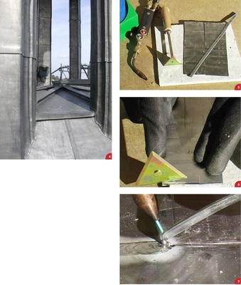 4 Zum Bleischweißen (hier am Laternenboden) werden weder Flussmittel noch Lot benötigt. Ein Bleistreifen reicht dazu aus5 Um Verunreinigungen zu vermeiden, sollte möglichst ein Wasserstoff-Sauerstoff-Gemisch gewählt werden. Azetylen-Sauerstoff und Propan-Sauerstoff sind ebenfalls geeignet6 Zur Vorbereitung der Schweißnaht muss das Bleiblech durch Abschaben der obersten Fläche von Schmutz, Fett und Oxid befreit werden7 Ein Brenner mit einem regulierbaren Gasstrom ist gut geeignet, da Schweißspitzen in einer Größe von 0,1 – 0,3 benötigt werden. Eine Nahtüberlappung ist nicht erforderlich. Die zu verschweißenden Bauteile werden zunächst punktgeheftet. Abschließend erfolgt das Durchschweißen der Naht