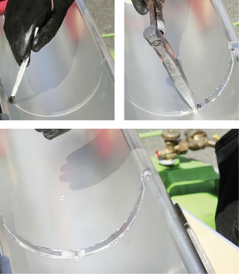 Das spezielle Flussmittel (Ferrinox 4000) wird mit einem Pinsel möglichst sparsam aufgetragen. Anschließend wird mit dem nicht zu heiß eingestellten Lötkolben und Lötzinn die Lötnaht hergestellt. Bei richtiger Ausführung ergibt sich eine dauerhaft dichte Verbindung