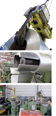 1 Am Haken: Ein riesiger Titanzinkcoil wird zur Abcoilanlage befördert …2 … wo Nachschub bereits erwartet wird 3 Arben Toski (l.) und Francesco Barilla (am Schaltpult) beim Umcoilprozess