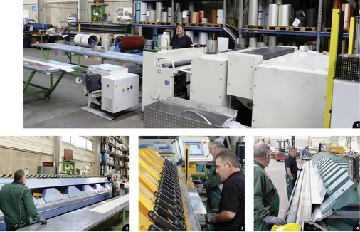 1 An der Forstner-Spalt- und Querteilanlage bereitet Lukas Grabowski verschiedene Aluminium-Zuschnitte vor …2 … die von seinen Kollegen Muhammed Shahzad Raza und Miodrag Bojic an der leistungsstarken Thalmann-Thako-30 zu Attikaprofilen gebogen werden3 Am Variobend-Doppelbieger entstehen Ortgangprofile aus Titanzink4 Seit gut 15 Jahren schätzen die Biegeprofis bei Barth die zuverlässige Langabkantmaschine der Marke Bima