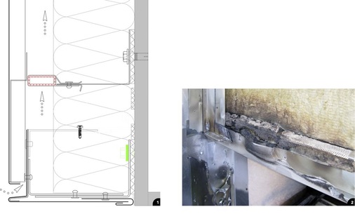 1 Horizontale Brandsperre über dem Fenstersturz in einer Zinkfassade auf Metallunterkonstruktion<br />2 Partiell ausgelöste Brandsperre über dem Fenstersturz