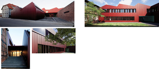 1 Im zentralen Innenhof des Gebäudekomplexes wurden Alt und Neu auf ­ ideale Weise kombiniert2 Das Eingangsportal wirkt elegant und repräsentativ3 Markant ist die einheitliche Gestaltung der Fassade aus rötlich eloxiertem Aluminium.4 Das einfallende Licht und die gegenüberliegende Fassade lassen den ­Innenbereich größer erscheinen