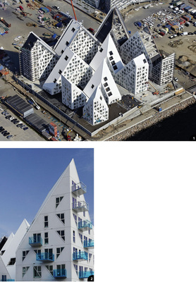 1 Weißer Riese: Das von einer Gruppe ­ dänischer und europäischer Architekten ­entworfene ­Eisberg-Projekt entsteht zurzeit im dänischen Aarhus 2 Smog-eating Roof: Gut 8000 m² Dachfläche erhielten eine neuartige Oberflächenbeschichtung mit Kalzip-Eco-Clean, die aktiv Schadstoffe aus der Luft filtert