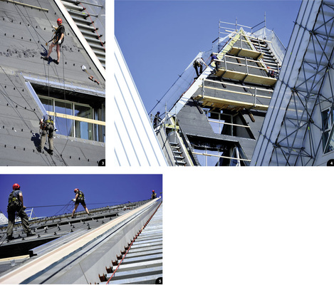 3 Dachflächen steigen auf der einen Seite zu steilen Gipfeln an, um auf der anderen in tiefe Täler abzufallen. Die Montage war entsprechend aufwendig4 Optisch gegeneinander verschobene Flächen simulieren die Bewegung realer Eisberge5 Die steilen Dachsegmente wurden von Oktober 2011 bis August 2012 mit 1 mm starken Kalzip-Aluminium-Stehfalz-Profiltafeln im Format 50/400 mm eingedeckt