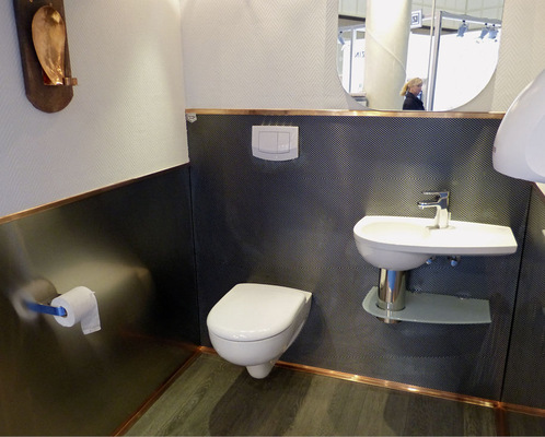 <p>Ein mit gebürstetem und gefärbtem Edelstahl ­ausgestattetes Klempner-WC zeigt auf der GET Nord, was Klempner drauf haben</p> - © Buck