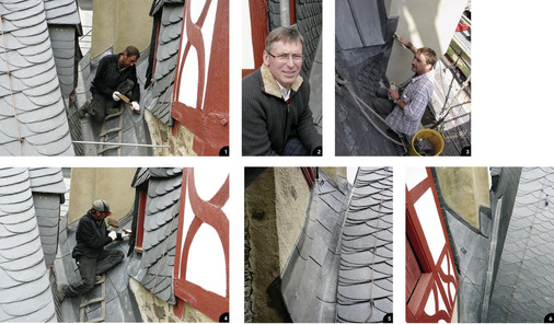 1 Dacharbeiten unter erschwerten Bedingungen 2 Harald Handwerk kennt alle Tricks der Bleibearbeitung 3 Fertige Flächen werden mit Patinieröl behandelt 4 Walzbleiprofi in Aktion 5 Kunstvoll ausgeführte Kehlen ... 6 ... und verwinkelte Flächen