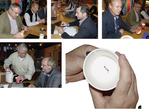 1 Wassertest: Ein Nagel durchstößt den mit einer nageldichten Trennlage beklebten Boden eines Pappbechers2 Ernst Zimmermann und Othmar Berner sind ebenso skeptisch...3 ...wie Martin Fischer (M.A.S.C., Senden) 4 Alles dicht! Jens Sperber ist überrascht5 Manfred Plescher füllt den Pappbecher Hans-Günter Leidingers