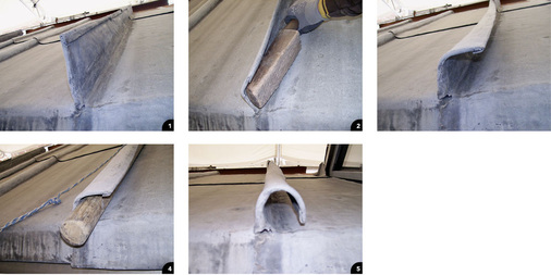 1 —5 Herstellung eines wulstförmigen Bleifalzes (Hohlwulst). Für Scharen, die eine fertige ­Rundfalzhöhe von 60 mm aufweisen sollen, ist eine Falzzugabe von 100 und 120 mm ­erforderlich. Der Falz darf dabei nicht zu eng ausgeführt werden, ­damit sich das Material noch ausdehnen kann