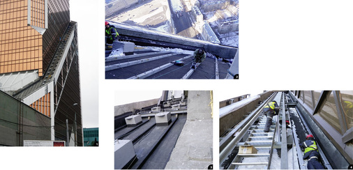 1 Tiefer liegende Dachfläche noch ohne Unterkonstruktion 2 Montage der Aluminium-Unterkonstruktion3 Die Folienabdichtung umhüllt auch die Alu-Profilrohre der Unterkonstruktion4 Dank technischem Support klappt die Montage auch in schwindelerregenden Höhen. Massive Stahltreppen erleichtern das Anbringen von Profilen ebenso wie später eventuell anfallende Wartungsarbeiten erheblich