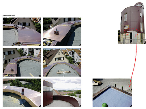 1 Zum Anzeichnen werden die Kupfertafeln mit Gripzangen fixiert
2 Der Außenradius ist bereits um 90° gebogen. Nach der Vorarbeit mit dem Rollformer ist ein leichtes Nachschweifen mit Schweifhammer und Schaleisen erforderlich
3 Ein Stoßverbinder sorgt für zusätzliche ­Sicherheit. Um zu vermeiden, dass sich das Unterlegprofil später auf der Attikaabdeckung abzeichnet, werden die Unebenheiten (Auflage­fläche) mit ­abgestuft angebrachten Bitumenschweißbahnen ausgeglichen
4 Selbst am engen Radius der elliptischen Abdeckung liegen die vor Ort und in Handarbeit gefertigten ­Profile perfekt an
5 Auch dieser Störfaktor ist kein nennenswertes Hindernis
6 Perfekte Bögen: Die Blende der Attikaabdeckung verläuft exakt vor der aus biegbaren Mehrschichtholzplatten bestehenden Fassade
7 Der Klempner hat es geschafft: Seine Abdeckung fügt sich formschön an die Fassade an, was man von den Fenstersimsen des Glasbauers leider nicht behaupten kann
8 Das kleine Flachdach über dem Eingangsbereich wurde mit einer Enkopur-­Abdichtung versehen – ­natürlich ebenfalls vom Klempner
