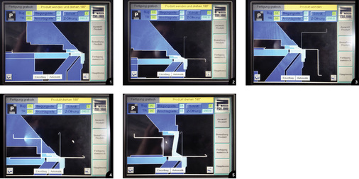 Das Biegeprogramm für eine Balkonrinne zeigt den Vorteil der drehbaren Oberwange: In der Steuerungssoftware ist das Biegeteil in Weiß zu erkennen. Es ist mit der Spitzschiene (Hellblau) geklemmt. Das vierte Bild zeigt: Der nächste Bug ist mit der Spitzschiene nicht möglich. Die mit der drehbaren Oberwange unmittelbar verfügbare Geißfußschiene bietet jedoch genug Freiheit, um mit dem fünften Bug die Rinne fertig zu stellen
