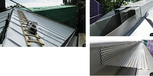 4 Der aufgestellte Scharanschluss an der Gratlinie5 Der Blick in die Grat-Konstruktion zeigt einen Halter, das Auflageprofil sowie das Insektenschutzgitter 6 Belüftungsöffnung an der eingebauten Kastenrinne