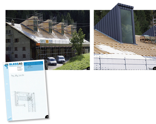 1 Großer Aufwand zur Erstellung der Gerüste über Dach2 Die Seitenflächen sind bekleidet und die Seitenkehlen zum Anschluss der Prefa-Dachplatten vorbereitet3 Die Systemskizze verdeutlicht das Belüftungsprinzip der Dachaufbauten