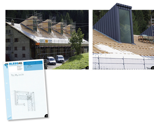 1 Großer Aufwand zur Erstellung der Gerüste über Dach<br />2 Die Seitenflächen sind bekleidet und die Seitenkehlen zum Anschluss der Prefa-Dachplatten vorbereitet<br />3 Die Systemskizze verdeutlicht das Belüftungsprinzip der Dachaufbauten