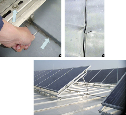 1 Diese Rissbildung wurde durch ungeeignete Klemmbefestiger verursacht<br />2 Schublasten behindern die Ausdehnung der Scharen und führen letztendlich zum totalen Versagensfall 

<br />3 Zur Montage aufgeständerter Solarmodule sind besonders stabile, aber dennoch beweg­liche Befestigungssysteme ­erforderlich1