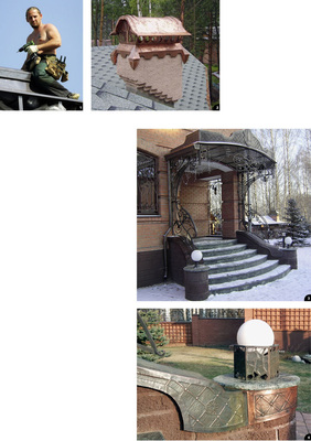 1 Der äußerst talentierte Den-Aks-­Firmenchef Denis Aksenov ...2 ... realisiert neben Schornsteinhauben wie aus dem Bilderbuch ... 3 ... auch sehr spezielle Kupferarbeiten wie dieses reich verzierte Eingangsportal4 Der Auftraggeber ist begeistert: Regelmäßig beauftragt er Denis Aksenov mit der Erweiterung der aufwendigen Kupferverzierungen