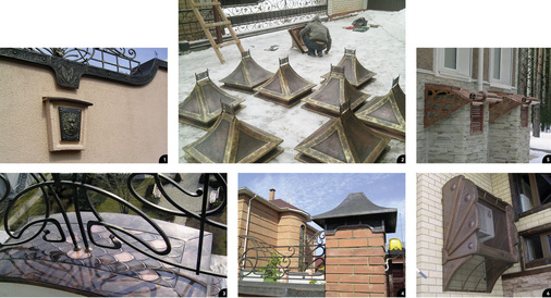 1 – 4 Kunstvoll gestaltete Mauer­abdeckungen und Hauben 5 –6 Verzierte Abdeckung von Lüftungs­kanälen und Klimageräten