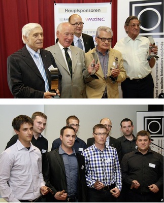 1 VDSS-Gründungsmitglieder Alex Zehnder, Max Amsler, Bruno Biondi und Werner Major freuen sich gemeinsam mit dem amtierenden VDSS-Präsidenten Christoph Aeberhard (hinten)…2 … über die nächste Generation: die frisch diplomierten Spenglermeister 2013