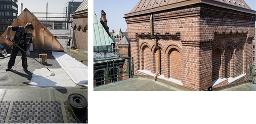 1 Die Dach- und Dichtungsbahn Evalon V 1,5 wird vollflächig mit Alwitra-Systemklebstoff aufgeklebt und im Bereich der Überlappungen materialhomogen heißluftverschweißt2 An den Anschlüssen kommen Verbundbleche zum Einsatz