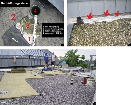Situation vor der Sanierung<br />2 Faltenbildung in der Abdichtungsfolie infolge Längenverkürzung bzw. Hydrolyse<br />3 Der Höhenausgleich in den Ablaufsenken erfolgt durch eine Ausgleichsschüttung. ­Darüber werden 30-mm-­Mineralwolleplatten als Ausgleichsschicht angeordnet