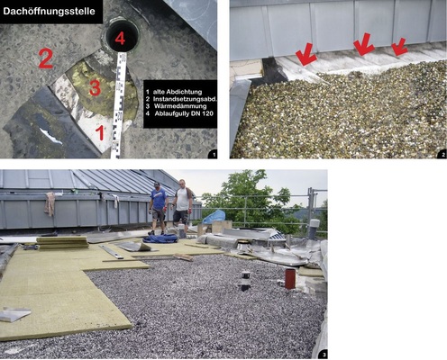 Situation vor der Sanierung2 Faltenbildung in der Abdichtungsfolie infolge Längenverkürzung bzw. Hydrolyse3 Der Höhenausgleich in den Ablaufsenken erfolgt durch eine Ausgleichsschüttung. ­Darüber werden 30-mm-­Mineralwolleplatten als Ausgleichsschicht angeordnet