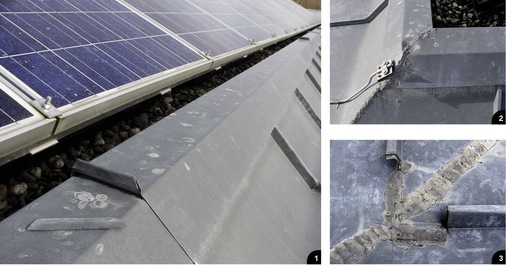 1 Totalabriss des Stehfalzes durch Ausdehnungsspannung
2 Ausdehnungsschub verursacht Materialverspannung an der Lötnaht
3 Auch die darunterliegenden Scharen der Gesimsbekleidung wurden starr miteinander verbunden. Die Lötnaht ist außerdem unsachgemäß ausgeführt
