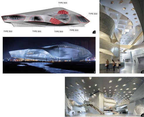 1 Der gewagte Entwurf von Coop Himmelb(l)au zeigt verschiedenartige, teilweise ­perforierte Aluminiumelemente2 Das Original des Konferenzzentrums in Dalian verblüfft. Es erinnert an eine riesige Muschel3 + 4 Der optisch ansprechende Eindruck des ­riesigen Innenbereichs wird vorwiegend von ­Aluminium bestimmt