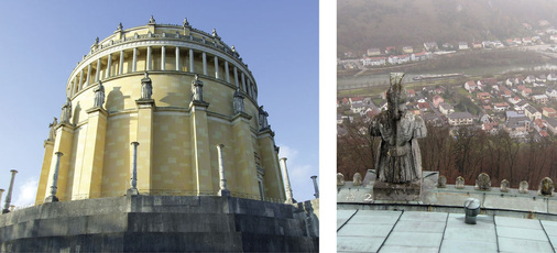 Imposante Außenansicht und wunderbarer Blick vom Dach der Befreiungshalle auf das Donautal. Beide Aufnahmen entstanden vor der Dachsanierung