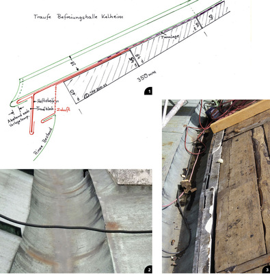 1 Um an der Traufe eine Zuluftöffnung zur Hinterlüftung des Daches zu schaffen, wurden konische Traufbohlen eingebaut <br />2 Die in einem rundförmigen Natursteinbett liegende Rinne wurde im Originalzustand belassen<br />3 Originalzustand der Traufe unmittelbar vor der Sanierung und vor dem Einbau der konischen Traufbohlen