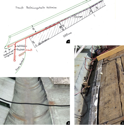 1 Um an der Traufe eine Zuluftöffnung zur Hinterlüftung des Daches zu schaffen, wurden konische Traufbohlen eingebaut 2 Die in einem rundförmigen Natursteinbett liegende Rinne wurde im Originalzustand belassen3 Originalzustand der Traufe unmittelbar vor der Sanierung und vor dem Einbau der konischen Traufbohlen