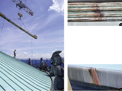 4 Trick: Durch das Zusammenschweißen der Kupfertafeln entstanden rund 8m lange und konische Scharen, die fertig montiert der Optik einer Spiegeldeckung entsprechen 5 Wasserdicht: Die im Abstand von fast 95 cm angeordneten Querfalze wurden rückseitig im Wig-Schweißverfahren verschweißt 6 Falztechnik: Zirka 2800 Einzelteile wurden benötigt und ebenso viele Wig-Schweißnähte an den Querfalzen hergestellt sowie anschließend für den Falzvorgang vorbereitet