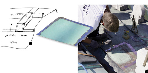 1 An der Traufe wurden in entsprechenden Abständen solide Dehnfugen angebracht 2 Reparaturblech vor dem Einbau3 Kleinere Dehnungsrisse wurden fachmännisch repariert