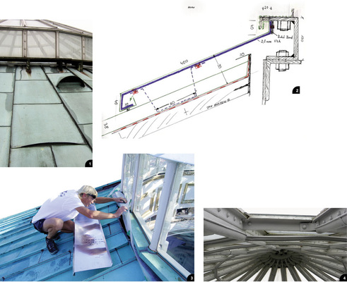 1 Lichtkuppel-Anschluss des Kupferdaches vor der Sanierung 2 Zur Optimierung der Anschlusssituation soll die Lichtkuppel komplett abgehoben, erhöht und danach wieder montiert werden3 Die fachmännische Montage der Anschlussprofile sorgt für den entsprechenden Belüftungsquerschnitt 4 Raffiniert: Das innen angebrachte historische Rinnensystem leitet Tauwasser sicher ab