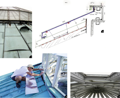 1 Lichtkuppel-Anschluss des Kupferdaches vor der Sanierung <br />2 Zur Optimierung der Anschlusssituation soll die Lichtkuppel komplett abgehoben, erhöht und danach wieder montiert werden<br />3 Die fachmännische Montage der Anschlussprofile sorgt für den entsprechenden Belüftungsquerschnitt <br />4 Raffiniert: Das innen angebrachte historische Rinnensystem leitet Tauwasser sicher ab