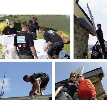 1 Das Auspacken erinnert an Weihnachen 2 Michael Leib und Jakob Schöttl montieren Traufprofile 3 Martin Messner in Aktion 4 Aus Kollegen werden Freunde: Michael Leib und Peter Trenkwalder