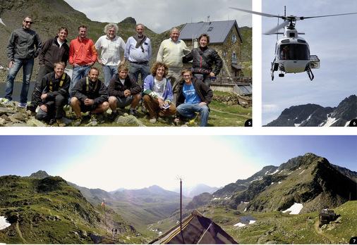 5 Kommen, sehen, staunen: Vorne: Martin Messner und Robert Hofer neben Jakob Schöttl und Andreas Leib* sowie Kameramann Laurenz vom Filmteam. Hinten: Martin Fischer (M.A.S.C.), Michael Leib, Peter Trenkwalder, Hubschrauberpilot Alex Gutweniger, Hubert Trenkwalder, Hubert Leib und Kameramann David Durstberger 6 Cristiano kommt mit dem Taxi, es ist Zeit für den Rückflug7 Michael Leib über seinen Arbeitsplatz, der Flagger Schartenhütte in ­Südtirol: Das ist der schönste Arbeitsplatz der Welt