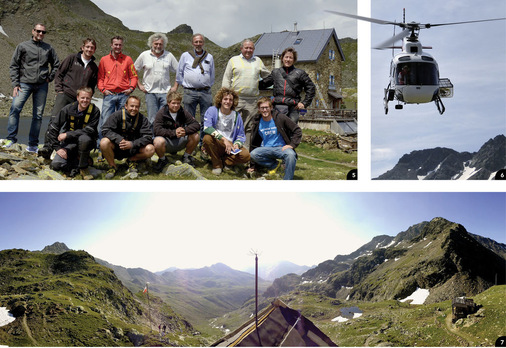 5 Kommen, sehen, staunen: Vorne: Martin Messner und Robert Hofer neben Jakob Schöttl und Andreas Leib* sowie Kameramann Laurenz vom Filmteam. Hinten: Martin Fischer (M.A.S.C.), Michael Leib, Peter Trenkwalder, Hubschrauberpilot Alex Gutweniger, Hubert Trenkwalder, Hubert Leib und Kameramann David Durstberger <br />6 Cristiano kommt mit dem Taxi, es ist Zeit für den Rückflug<br />7 Michael Leib über seinen Arbeitsplatz, der Flagger Schartenhütte in ­Südtirol: Das ist der schönste Arbeitsplatz der Welt