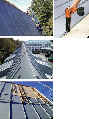 1 Detailausbildung am First während… 2 …und kurz nach Fertigstellung 3 Um die Dachleitern sicher zu platzieren, wurden während der Montage Winkelstehfalz-Klemmlaschen und Schneefangrohre eingesetzt4 Clipfix in Aktion: Jeder Edelstahlhaft wird mit zwei Schrauben ­befestigt, die sich mit dem Magazinschrauber schnell und ­sicher einschrauben lassen