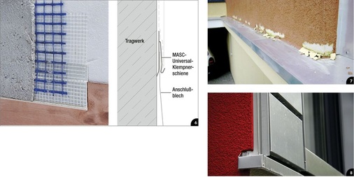 6 Universal-Klempnerschiene zum Anschluss von Metallprofilen an Vollwärmeschutz<br />7 Bauschaden durch Ausdehnung an direkt überputztem Metallprofil <br />8 Optimale Einbausituation mit M.A.S.C.-Klempnerschiene