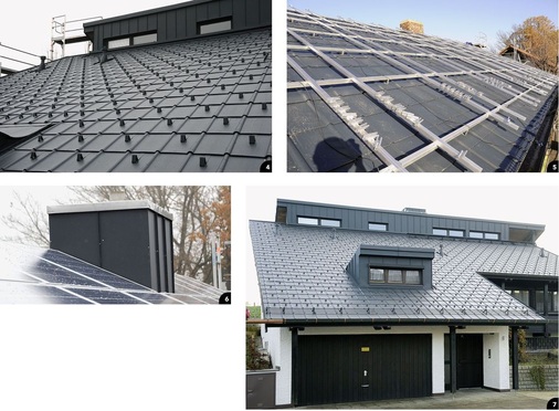 4 Schneefänger in Reih und Glied5 Alles ist zur Montage der PV-Anlage vorbereitet6 Farbbeschichtetes Aluminium und das Glas der PV-Module bestimmen das Erscheinungsbild der südlichen Dachfläche7 Auftraggeber und Auftragnehmer freuen sich über das neue Aluminiumdach