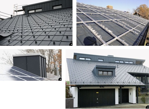 4 Schneefänger in Reih und Glied<br />5 Alles ist zur Montage der PV-Anlage vorbereitet<br />6 Farbbeschichtetes Aluminium und das Glas der PV-Module bestimmen das Erscheinungsbild der südlichen Dachfläche<br />7 Auftraggeber und Auftragnehmer freuen sich über das neue Aluminiumdach