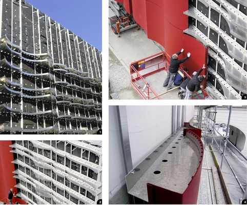 1 Die komplexe Unterkonstruktion erfüllt alle Anforderungen der statischen Berechnung sowie der Prüfstatik2 Die Aluminium-Unterkonstruktion wurde aus zahlreichen Einzelteilen ­zusammengeschweißt3 Die Formgebung von Fassadenelement und Unterkonstruktion passt exakt zueinander4 Die Einhang-Befestigung der Aluminiumelemente erfolgt durch ein Z-Profil, das an punktverschweißten Gewindebolzen befestigt ist. Zusätzlich sind die Fassadenplatten mit rückseitig angeschweißten Versteifungen ausgestattet. Die Schweißqualität jedes einzelnen Gewindebolzens testete die Krehle-Crew mit einem speziell dafür entwickelten Drehmoment-Prüfer