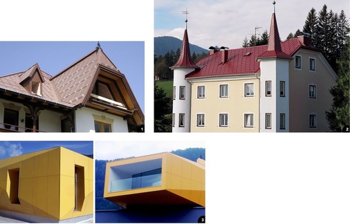 1 Klassische Stehfalztechnik: hier nach der gelungenen Sanierung des Hotels Sonklarhof im Ridnauntal2 Gelungene Sanierung der Villa Schönblick in Thuins3 Signalfarbe: Spengler sind vielseitig! Diese Botschaft tragen die Handwerker von Trenkwalder & Partner auch mit moderner Metallarchitektur in die Welt. Hier mit einem metallumhüllten Musterhaus der Firma Wolf