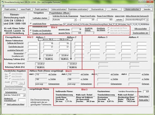 Bild 1: Monitordarstellung des ­Berechnungsprogramms von KL-Soft mit markierten Bereichen für Ein- bzw. Ausgaben